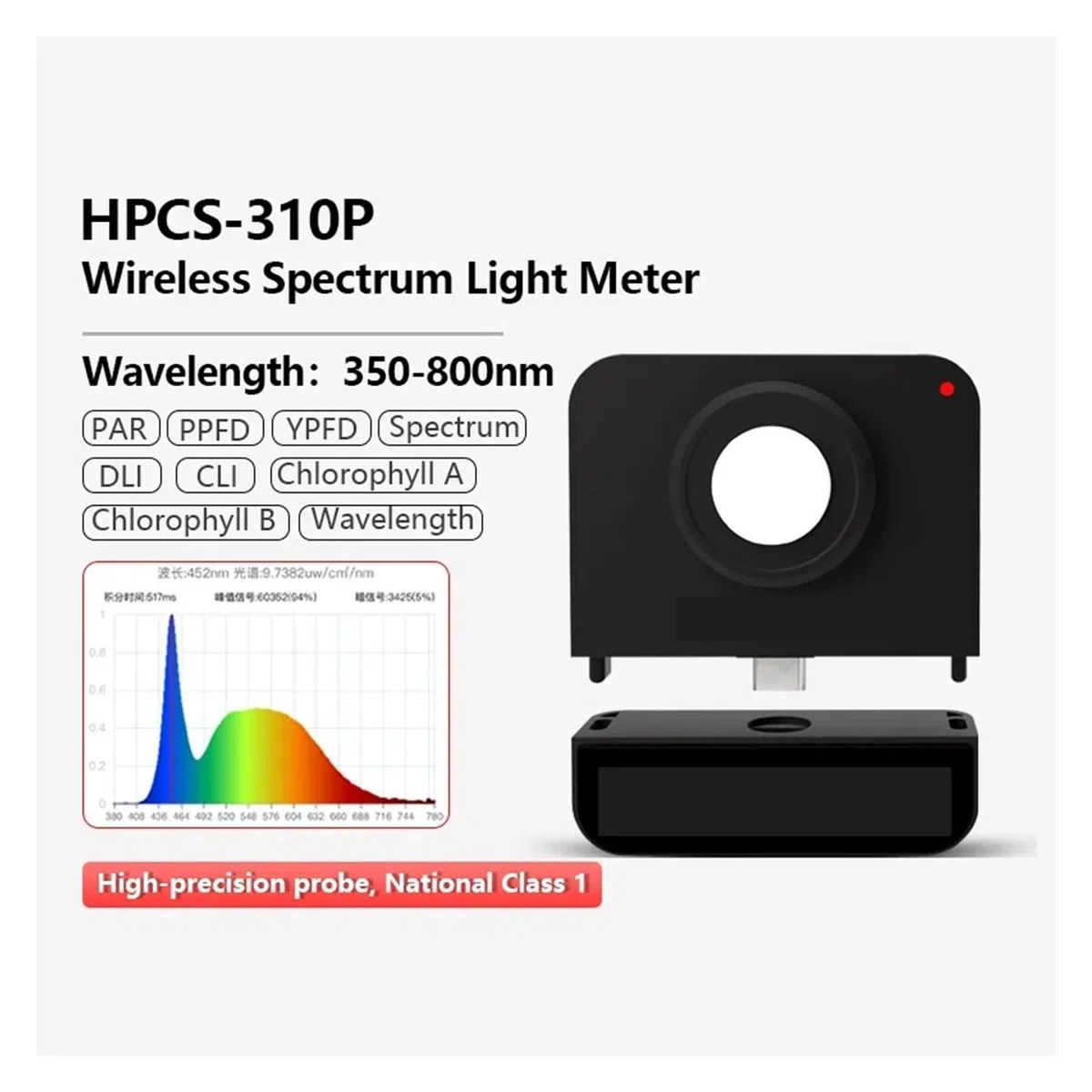 Handheld-Spektrometer 350-800 nm PAR PPFD Meter Flicker Tester mit Bildschirm for LED-Wachstumslichter Vollspektrum(NO Screen 310P)