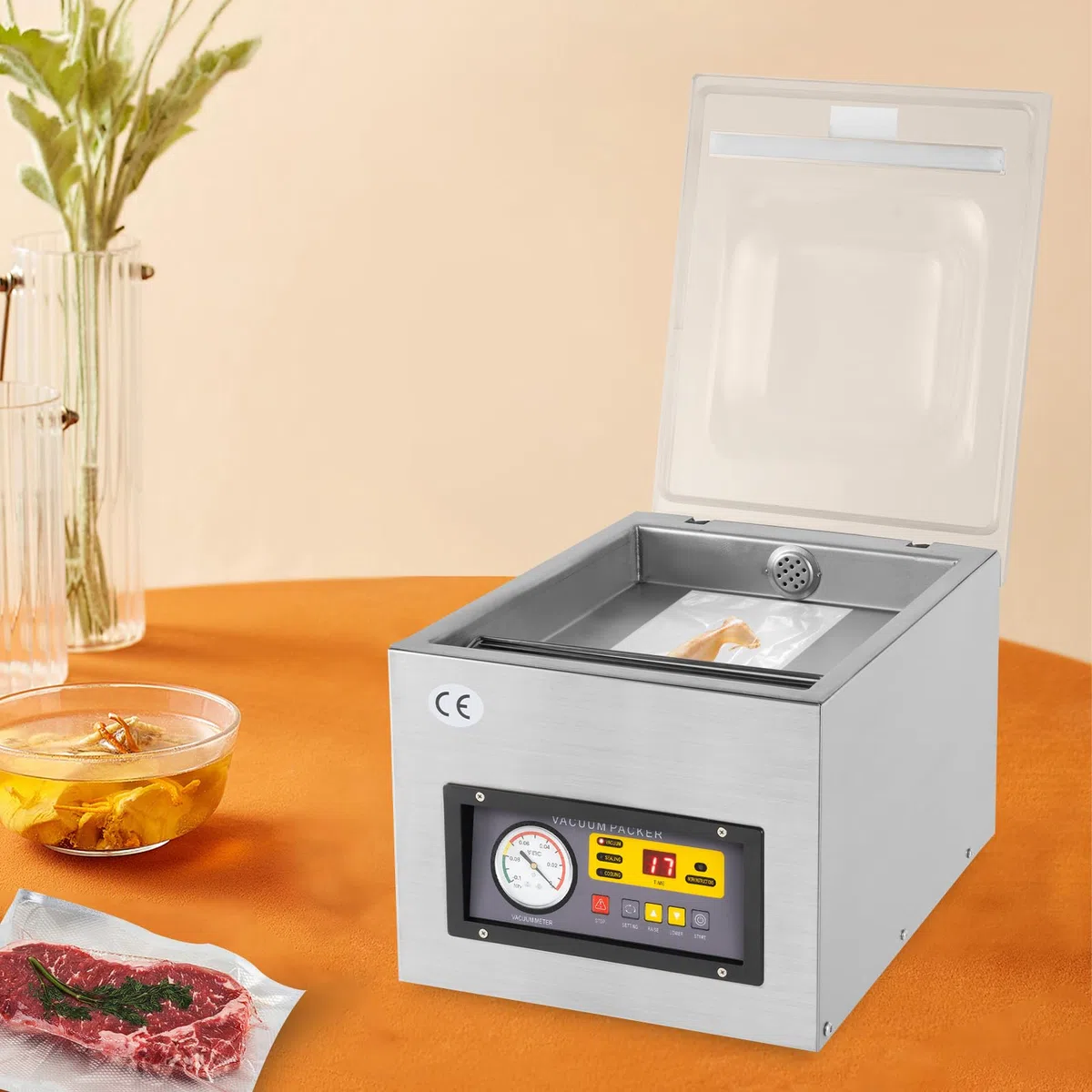 Vakuumkammer-Maschine Gewerblich Automatisch Edelstahl 120W 220V 5,5L/s Lebensmittelversiegelung für Küche Supermarkt Bäckerei 26cm Siegellänge