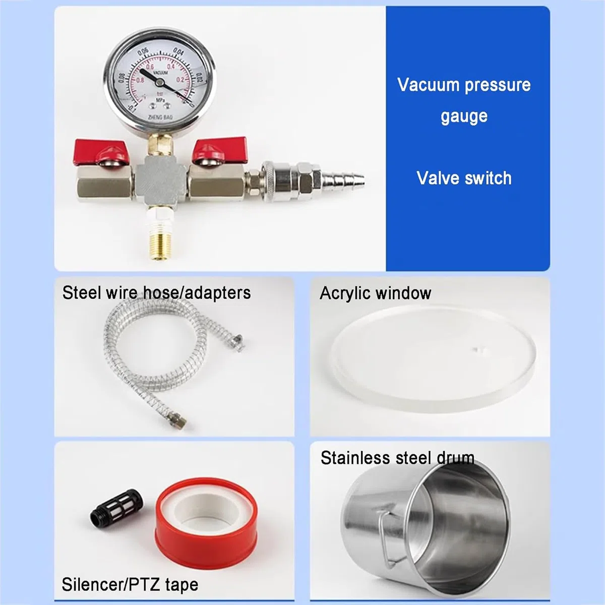 Vakuumkammer-Set, 6 l, Edelstahlkammer mit Acryldeckel, Negativdruckmessgerät, für Harzentgasung und Holzstabilisierung