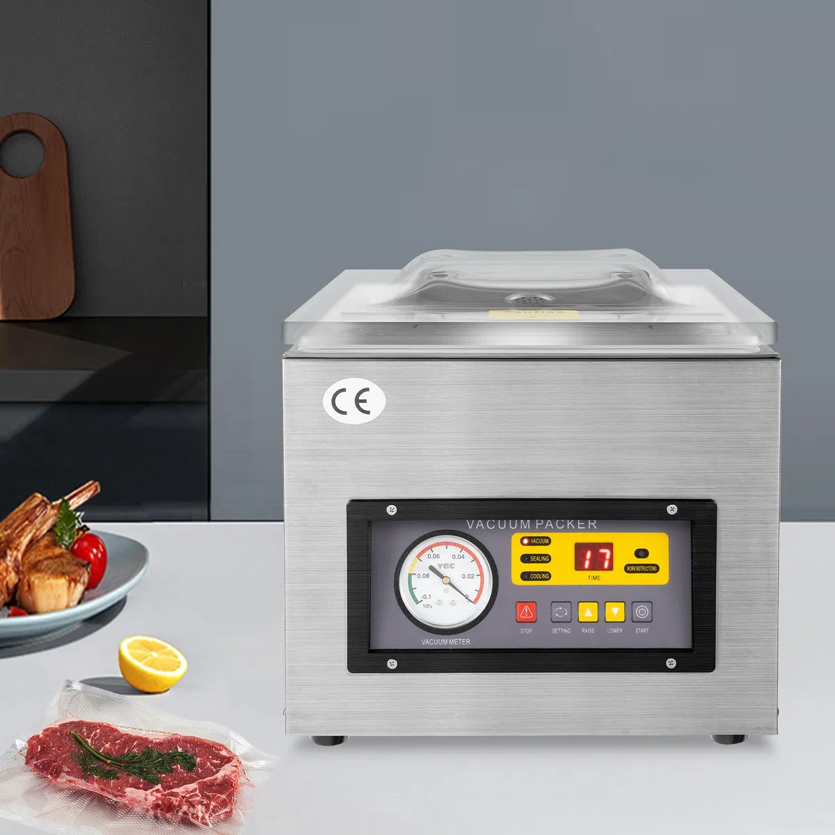Vakuumkammer-Maschine Gewerblich Automatisch Edelstahl 120W 220V 5,5L/s Lebensmittelversiegelung für Küche Supermarkt Bäckerei 26cm Siegellänge