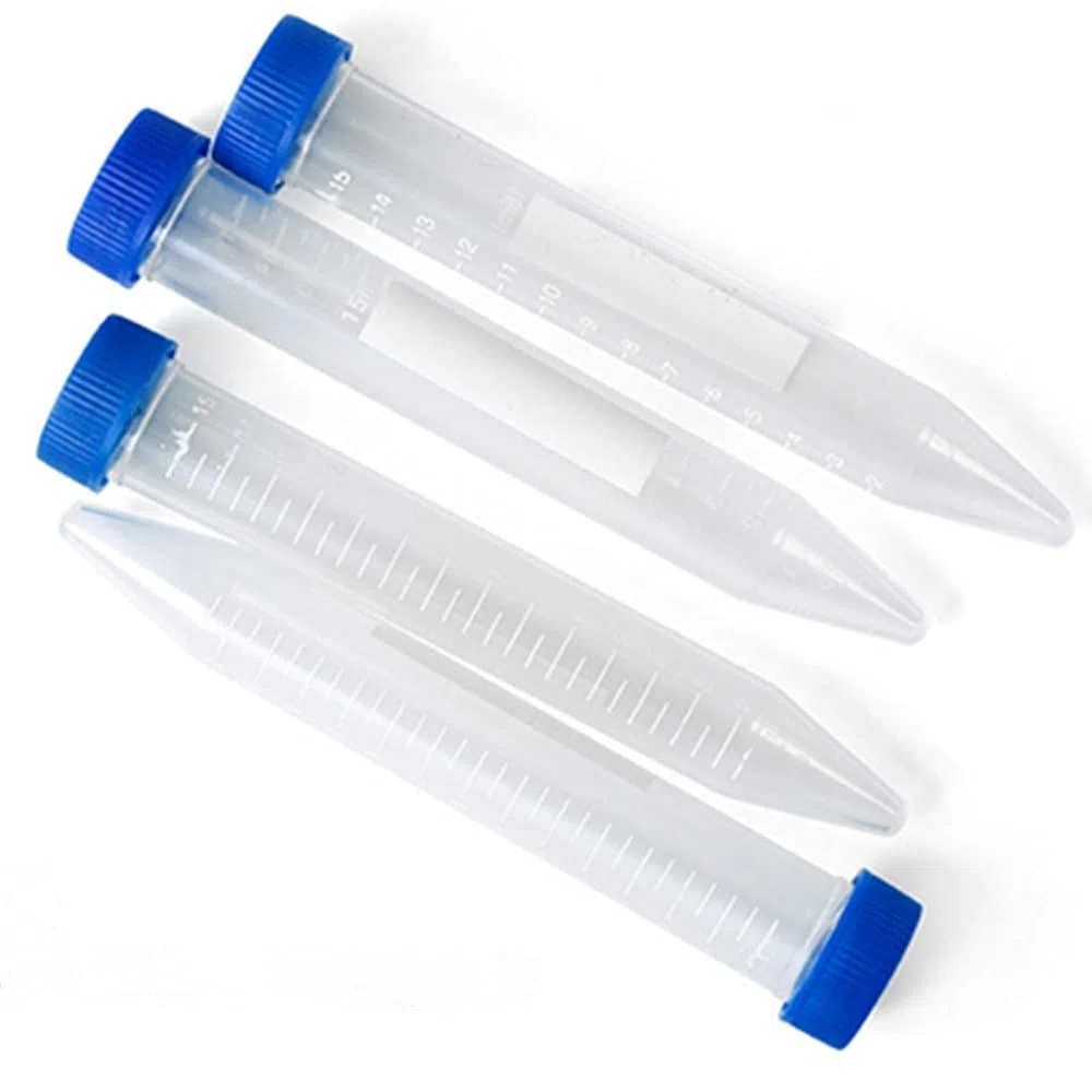 Zentrifugenröhrchen aus Kunststoff, 15 ml, blauer Schraubverschluss, konischer Boden, abgestufte Markierungen, 100 Stück