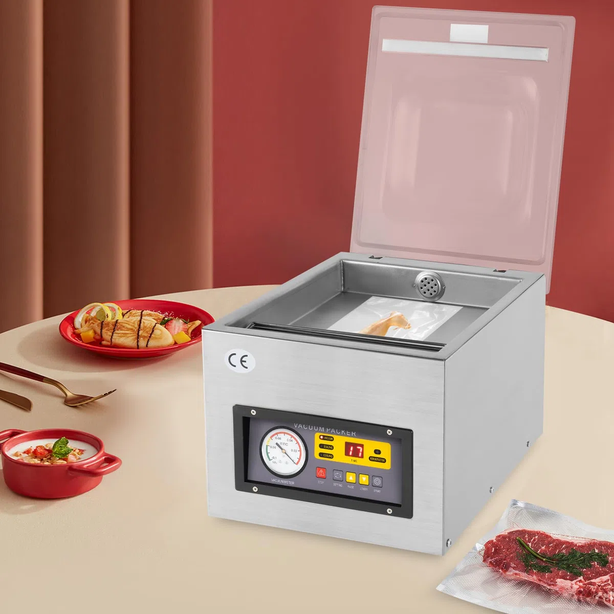 Vakuumkammer-Maschine Gewerblich Automatisch Edelstahl 120W 220V 5,5L/s Lebensmittelversiegelung für Küche Supermarkt Bäckerei 26cm Siegellänge
